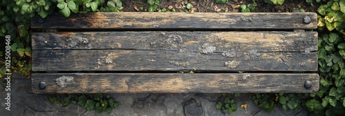 Weathered wooden bench in vibrant park, showcasing intricate textures, surrounded by lush greenery and serene atmosphere.