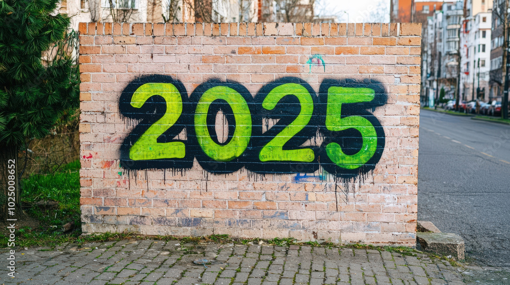 Vibrant graffiti art featuring year 2025 painted in bold green on brick wall, surrounded by lively urban environment. bright colors and artistic expression create energetic atmosphere Vibrant graffiti art featuring year 2025 painted in bold green on brick wall, surrounded by lively urban environment. bright colors and artistic expression create energetic atmosphere