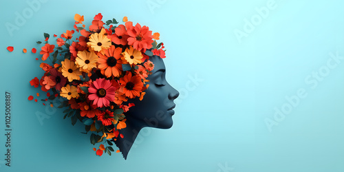 Human head silhouette with open mind and colorful flowers inside on pastel green background, flat lay concept for mental health or brain activity idea. copy space
