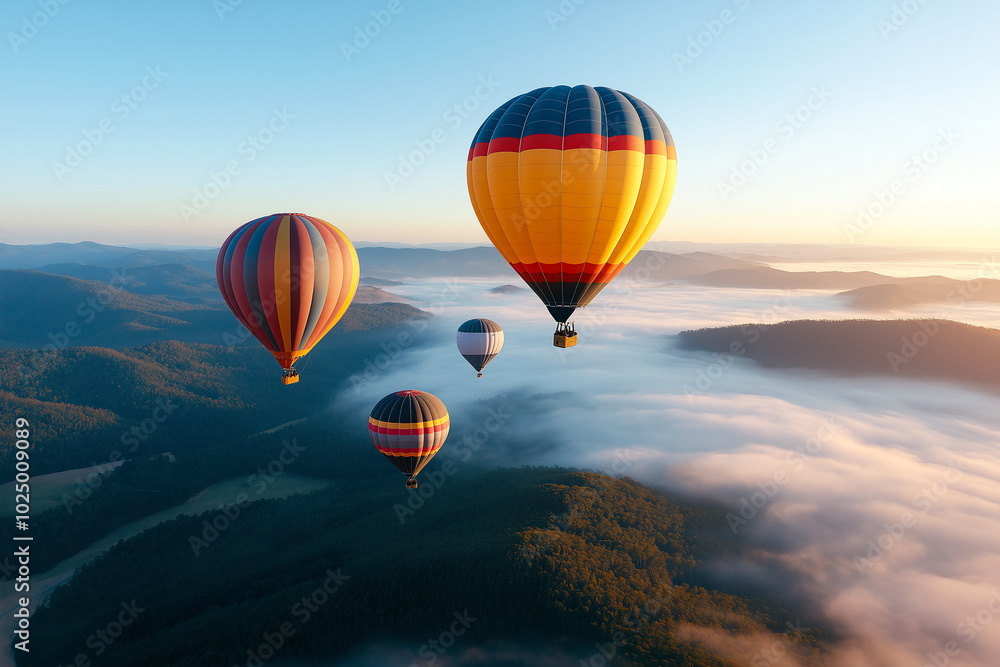Obraz premium Colorful hot air balloons soaring over misty mountains at sunrise create breathtaking scene. vibrant colors contrast beautifully with soft clouds below, evoking sense of adventure and tranquility