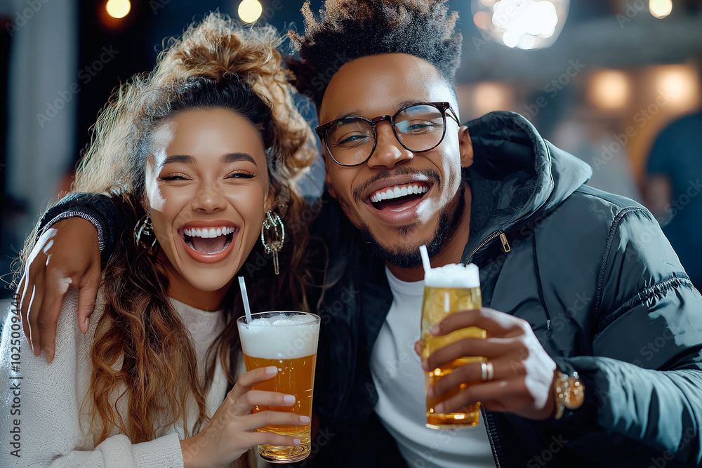joyful couple enjoying drinks at lively night club, smiling and having fun together. Their happiness is contagious, creating vibrant atmosphere joyful couple enjoying drinks at lively night club, smiling and having fun together. Their happiness is contagious, creating vibrant atmosphere