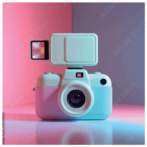 A vintage pink camera with a blue light set against a pink backdrop