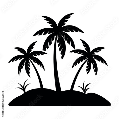 Palm Tree Silhouette Vector Illustration on Small Island Isolated on White Background