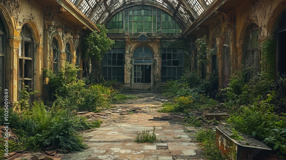 Forgotten Sanctuary, an eerie abandoned hospital with crumbling walls, encroaching vines, and wild gardens reclaiming space. Forgotten Sanctuary, an eerie abandoned hospital with crumbling walls, encroaching vines, and wild gardens reclaiming space.