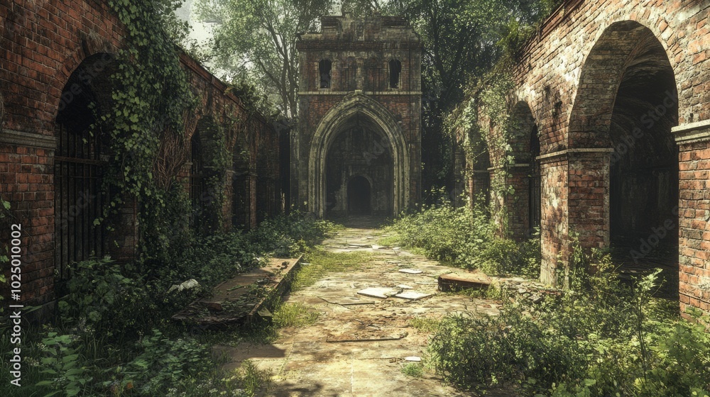 Forsaken Prison Ruins, decaying walls, wild vegetation reclaiming grounds, echoes of the past linger in the air, haunting atmosphere surrounds. Forsaken Prison Ruins, decaying walls, wild vegetation reclaiming grounds, echoes of the past linger in the air, haunting atmosphere surrounds.