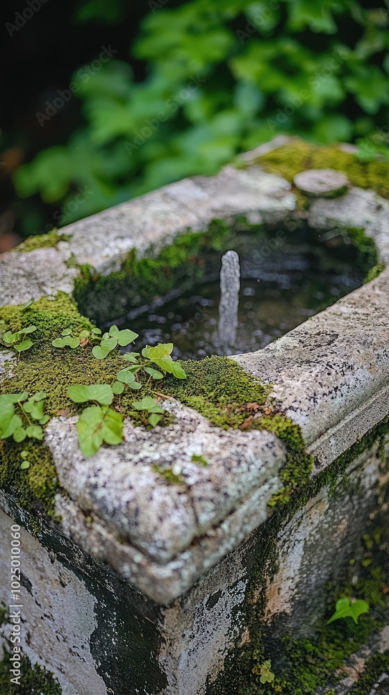 Historic Stone Fountain Surrounded by Green Moss Historic Stone Fountain Surrounded by Green Moss