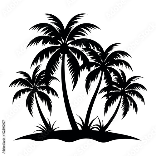 Palm Tree Silhouette Vector Illustration on Small Island Isolated on White Background