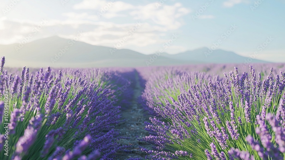 Obraz premium Lavender field with mountain and blue sky/clouds