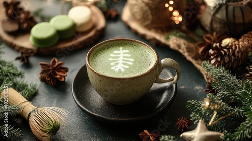 Holiday attributes with cup of hot matcha. AI generated illustration.