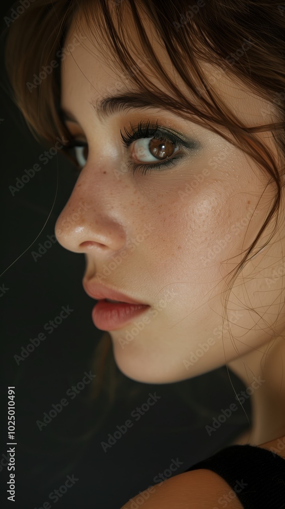 Fototapeta premium Portrait of a young Caucasian woman with light brown eyes and natural makeup, gazing intensely to the side against a dark background.