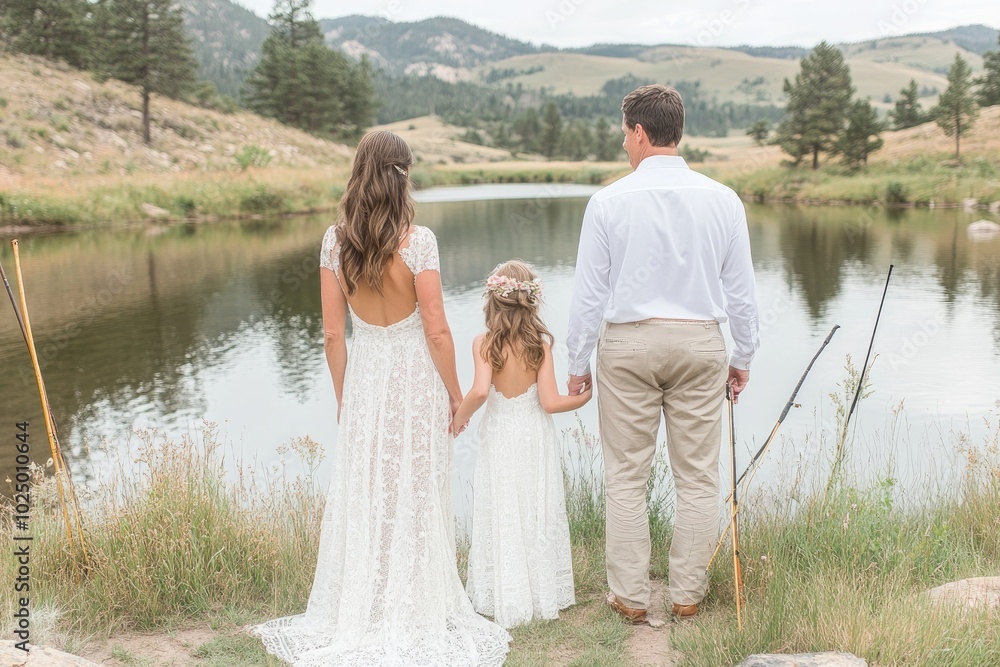 Family of Three Standing by a Lake in a Mountainous Landscape Family of Three Standing by a Lake in a Mountainous Landscape