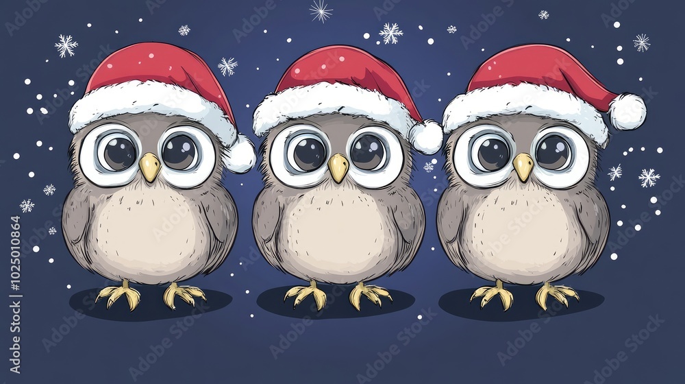 Cartoon Christmas owls in Santa caps. AI generated illustration. Cartoon Christmas owls in Santa caps. AI generated illustration.