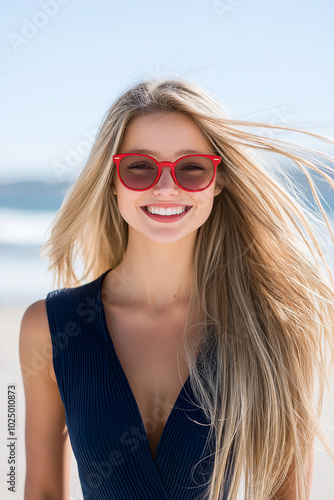 cheerful blonde woman with long hair is smiling brightly at beach, wearing stylish red sunglasses. sun shines down, creating vibrant and joyful atmosphere