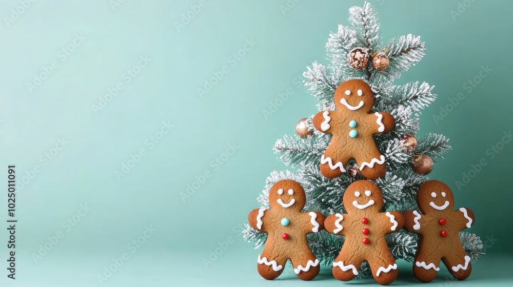 Fototapeta premium Gingerbread men decorating a tree. AI generated illustration.