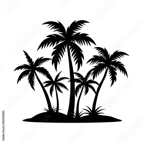 Palm Tree Silhouette Vector Illustration on Small Island Isolated on White Background