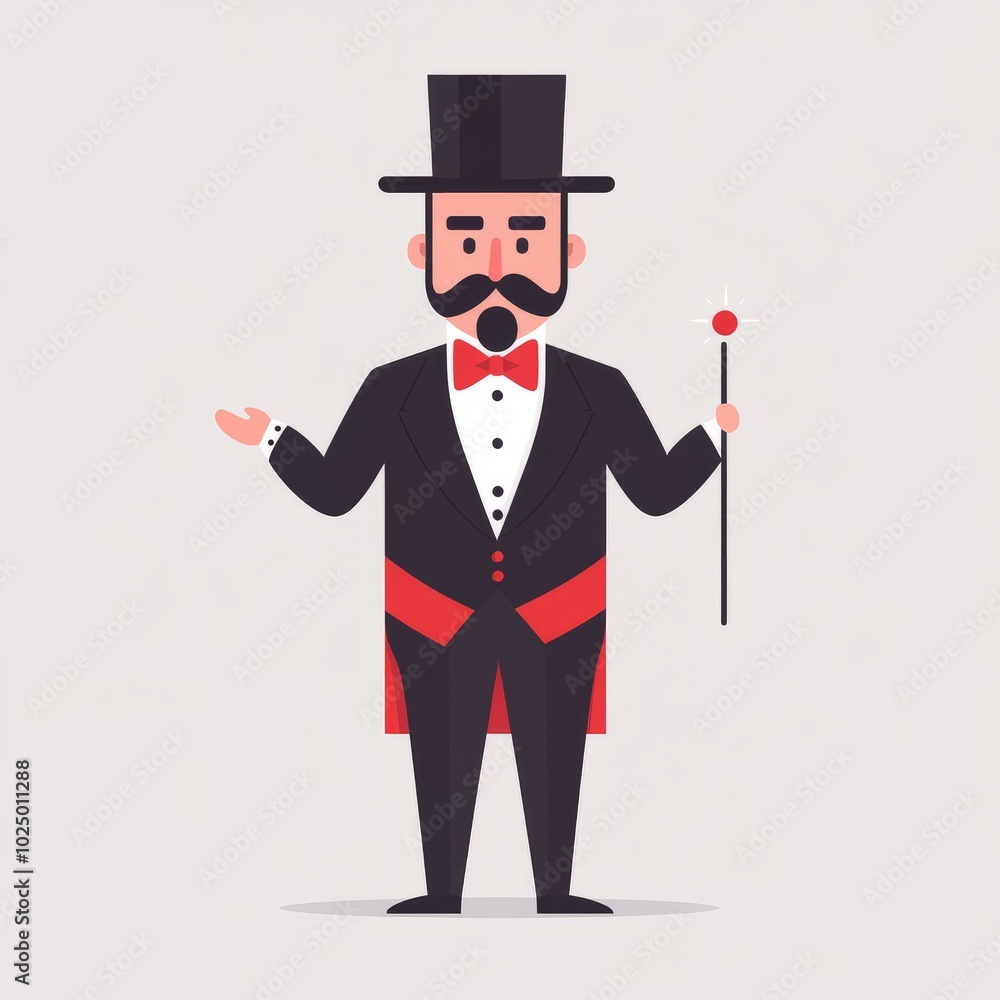 A cartoon magician in a tuxedo holding a wand and gesturing. A cartoon magician in a tuxedo holding a wand and gesturing.
