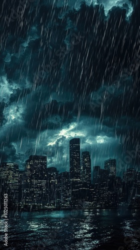 Dramatic Thunderstorm Over City Landscape at Night