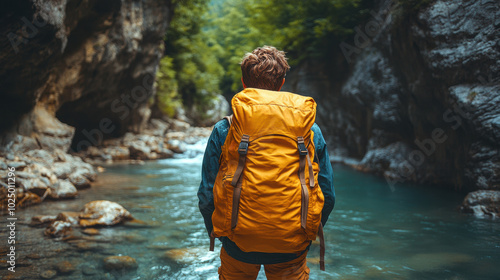 Backpacker with yellow backpack standing by a river in a mountain canyon, exploring nature, adventure travel, wilderness hiking, outdoor trekking experience photo