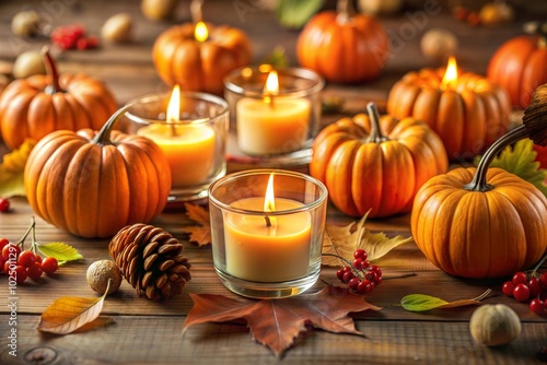 Thanksgiving still life with pumpkins candles and autumn leaves