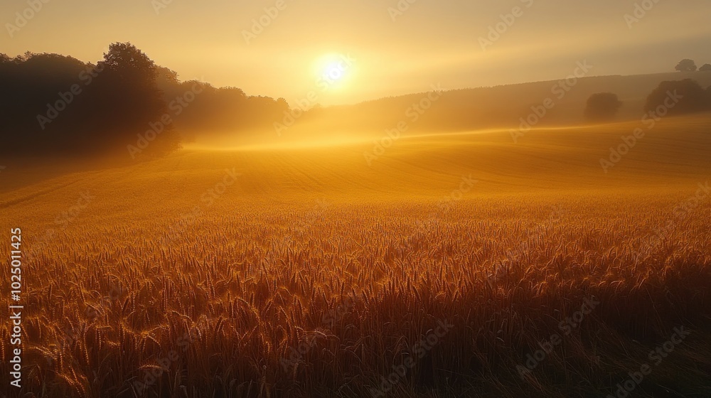 Serene Sunrise Over Countryside Farm Field: Aerial View with Morning Mist and Soft Golden Hues Serene Sunrise Over Countryside Farm Field: Aerial View with Morning Mist and Soft Golden Hues