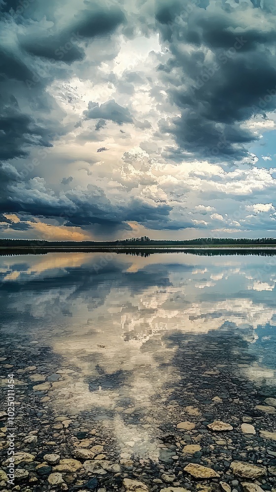 Obraz premium Dramatic Storm Clouds Reflecting on Calm Water