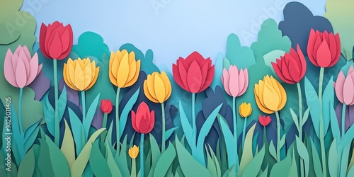 Colorful tulips blooming in a tranquil park setting, Vibrant tulips in a serene garden scene