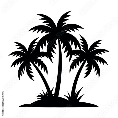Palm Tree Silhouette Vector Illustration on Small Island Isolated on White Background