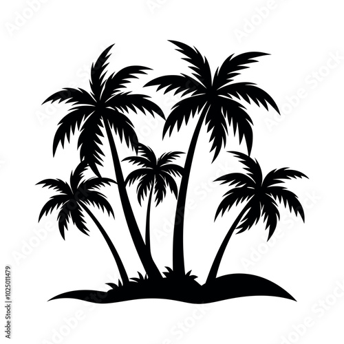 Palm Tree Silhouette Vector Illustration on Small Island Isolated on White Background