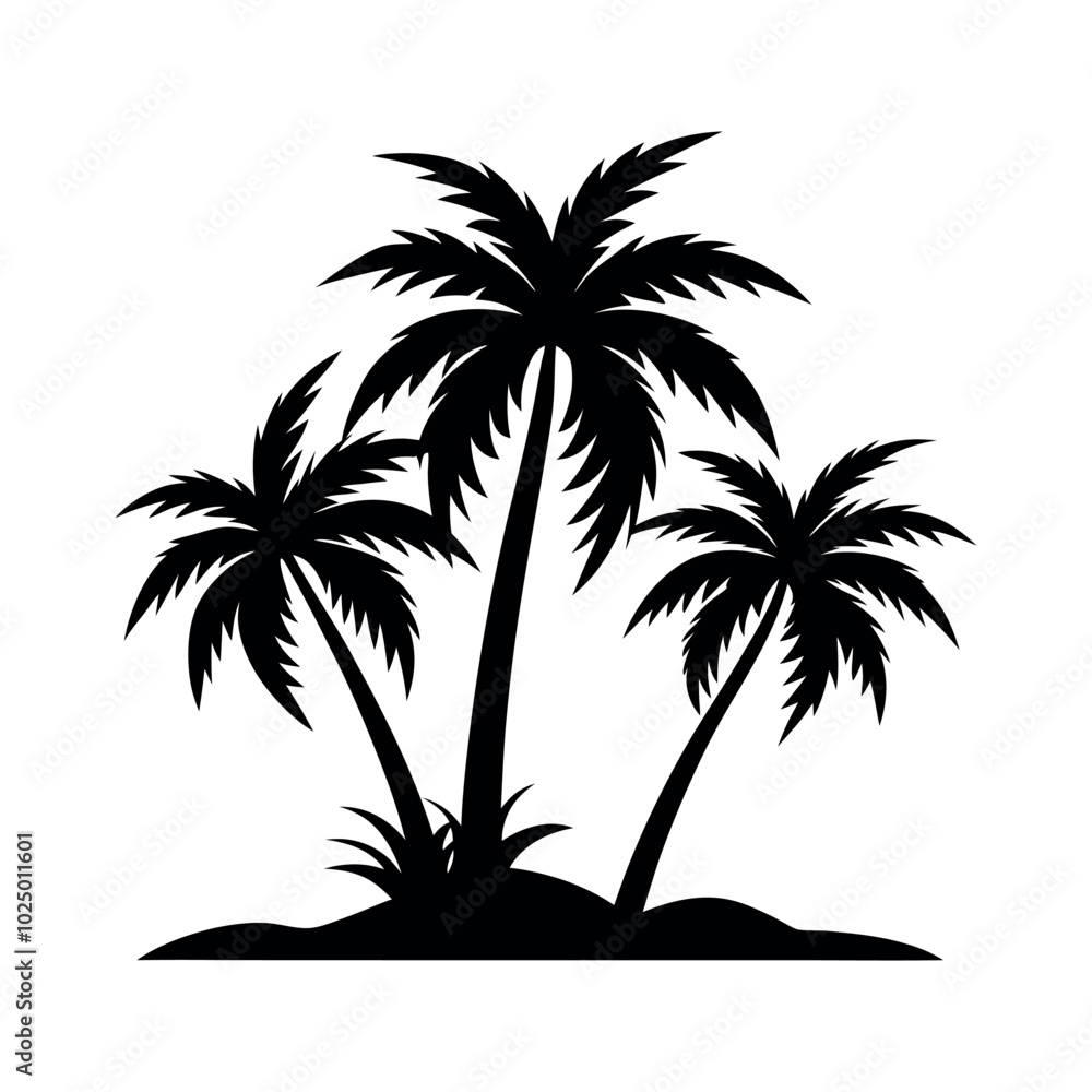 Fototapeta premium Palm Tree Silhouette Vector Illustration on Small Island Isolated on White Background