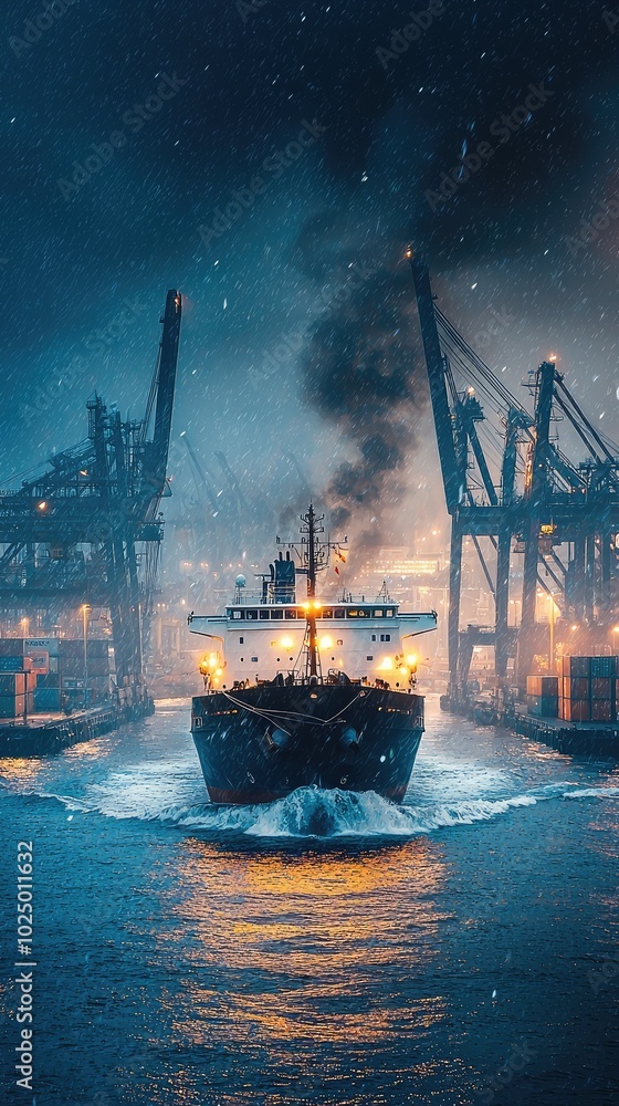 Dramatic Large Cargo Ship Navigating Through Port Dramatic Large Cargo Ship Navigating Through Port