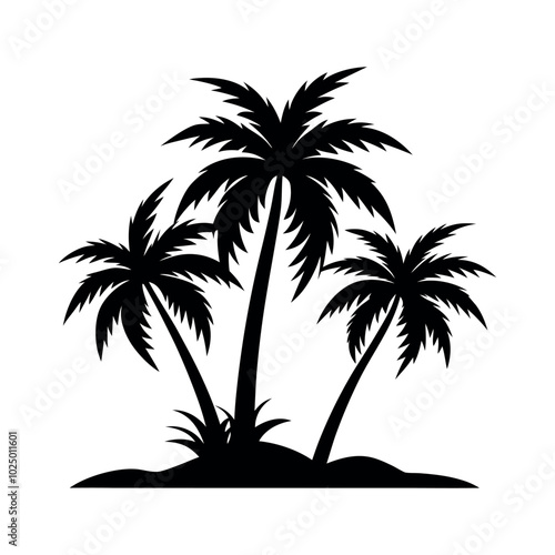Palm Tree Silhouette Vector Illustration on Small Island Isolated on White Background