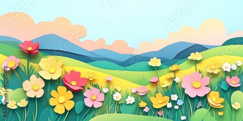 A vibrant spring meadow filled with blooming buttercups, A colorful meadow in spring with blooming flowers