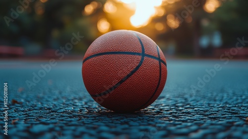 Basketball on outdoor court during sunset, textured ball resting on ground, evening game setting, sports equipment, athletic activity, summer scene, basketball field photo