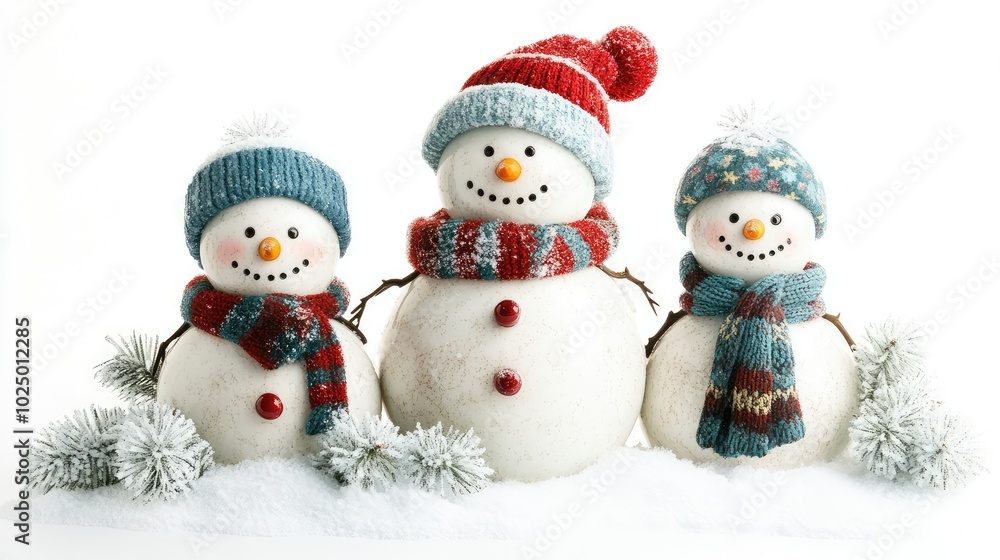 Snowman family in a snowy garden. AI generated illustration. Snowman family in a snowy garden. AI generated illustration.