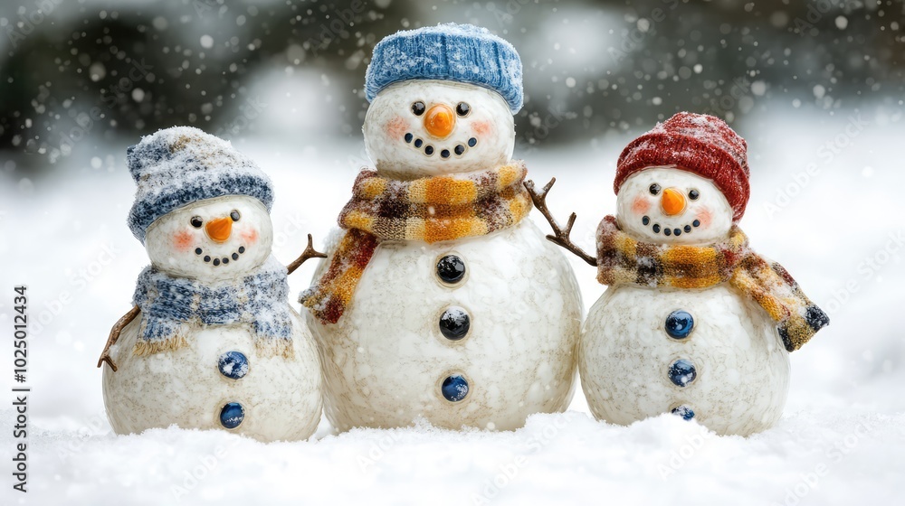 Snowman family in a snowy garden. AI generated illustration. Snowman family in a snowy garden. AI generated illustration.
