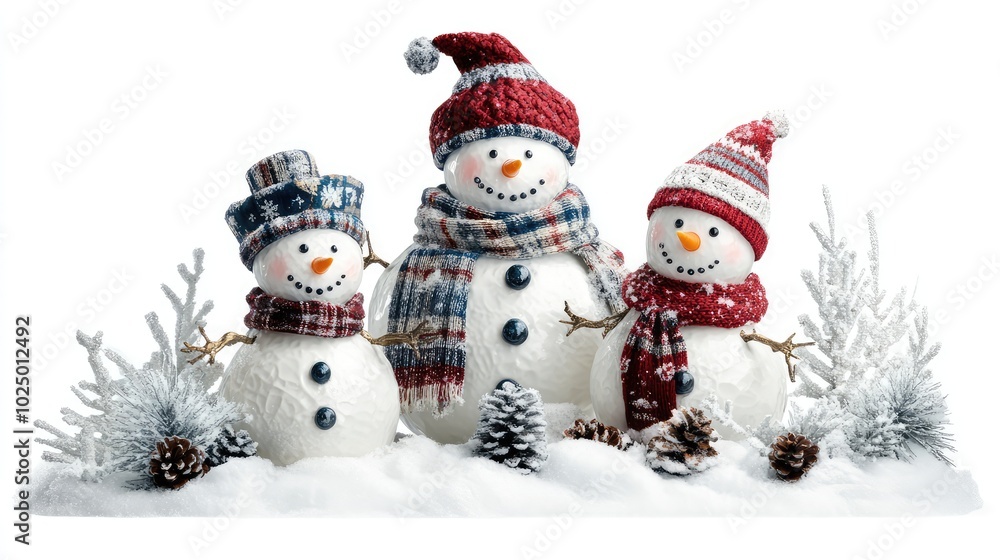 Fototapeta premium Snowman family in a snowy garden. AI generated illustration.
