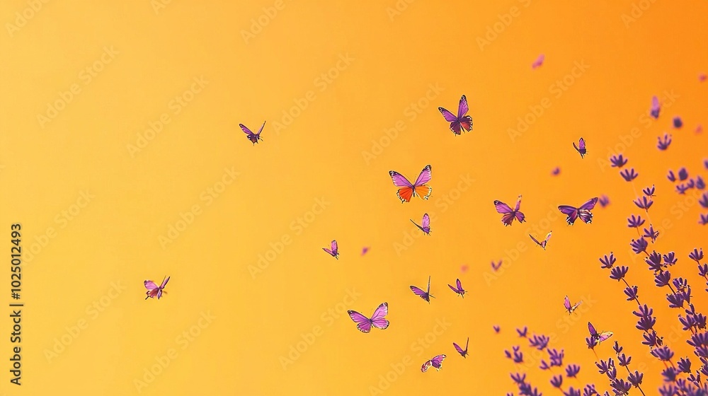 A group of purple butterflies flies over a field of lavender flowers on an orange and yellow background, with the sky in the background A group of purple butterflies flies over a field of lavender flowers on an orange and yellow background, with the sky in the background