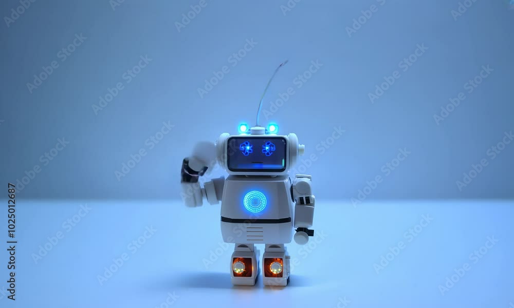 Small white robot with blue lights waving arm on blue background. Small white robot with blue lights waving arm on blue background.