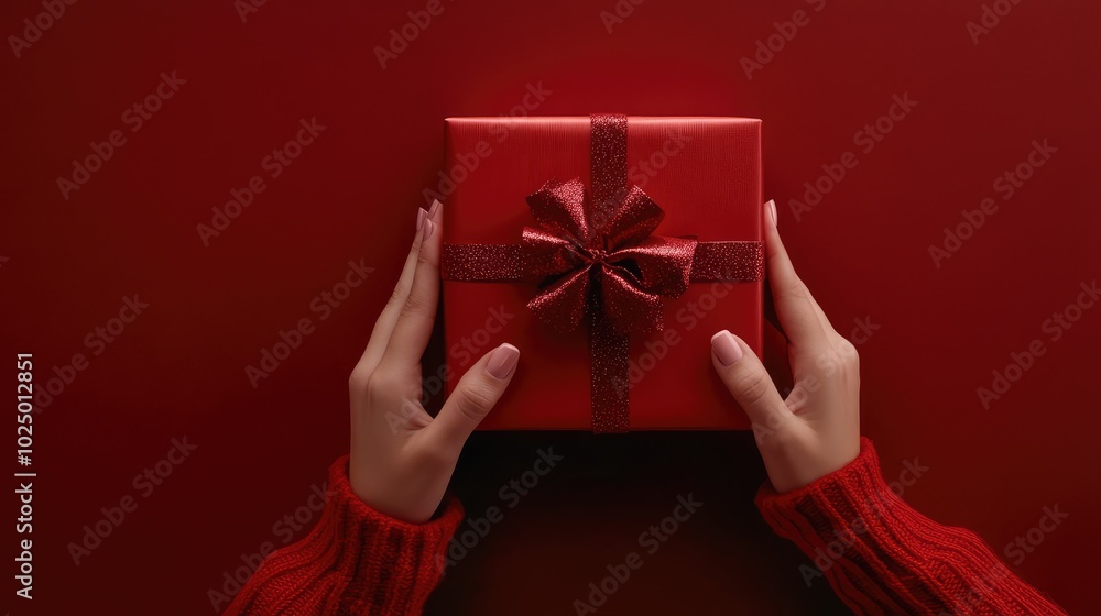 Tying a bow on a red gift box. AI generated illustration. Tying a bow on a red gift box. AI generated illustration.