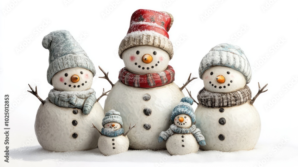 Snowman family in a snowy garden. AI generated illustration. Snowman family in a snowy garden. AI generated illustration.