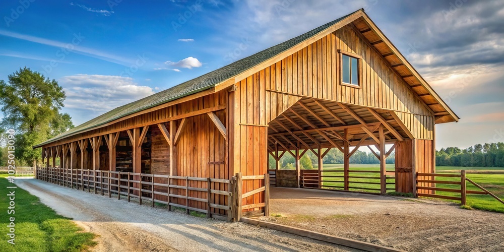 Fototapeta premium Low angle view of wooden barn stalls and covered walkway