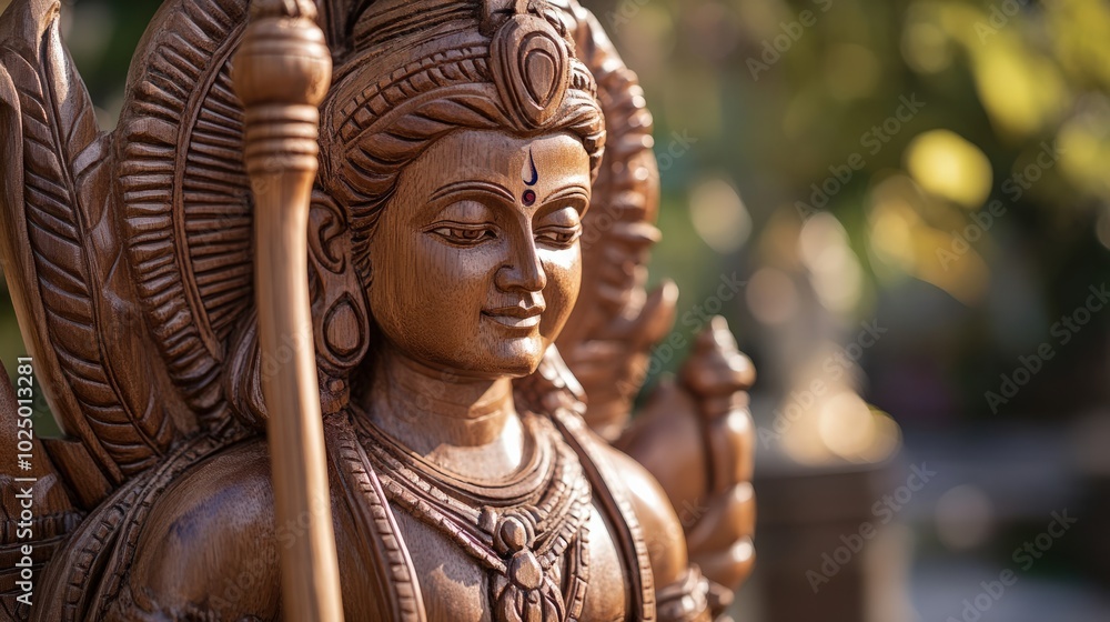 A modern eco-friendly idol of Lord Rama, sculpted from recycled wood, with a natural, polished finish and sustainable craftsmanship, representing virtue and environmental responsibility A modern eco-friendly idol of Lord Rama, sculpted from recycled wood, with a natural, polished finish and sustainable craftsmanship, representing virtue and environmental responsibility