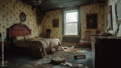 Abandoned Hotel Room, a desolate space with crumbling walls, shattered furniture, and a haunting atmosphere of neglect and decay