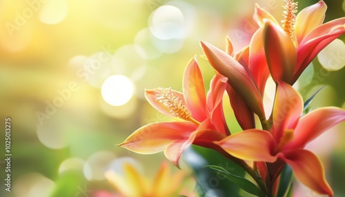 Tropical flowers with vibrant petals, soft lighting, serene garden setup.