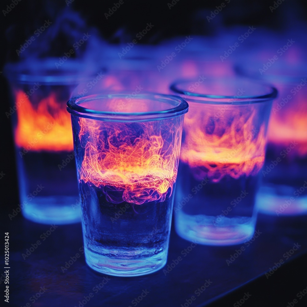 A glowing display of drinks with vibrant, colorful liquid effects. A glowing display of drinks with vibrant, colorful liquid effects.