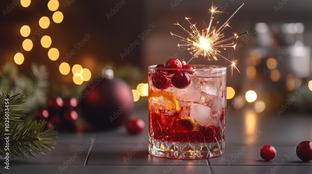 Festive cranberry cocktail with sparkler. AI generated illustration. Festive cranberry cocktail with sparkler. AI generated illustration.