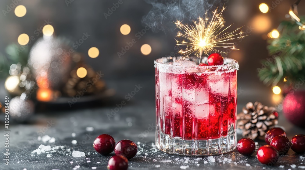 Festive cranberry cocktail with sparkler. AI generated illustration. Festive cranberry cocktail with sparkler. AI generated illustration.
