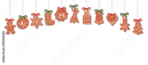 Hanging Christmas gingerbread cookies vector Illustration in cartoon style. Sweet biscuits in a Christmas tree shape, star, heart, sock, snowflake. Vector template with empty space for card or banner