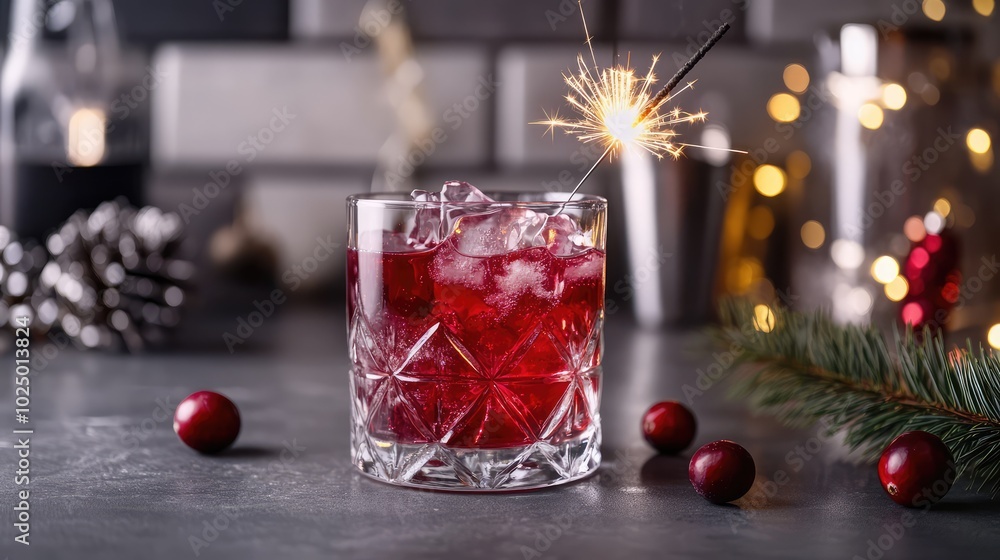 Festive cranberry cocktail with sparkler. AI generated illustration. Festive cranberry cocktail with sparkler. AI generated illustration.
