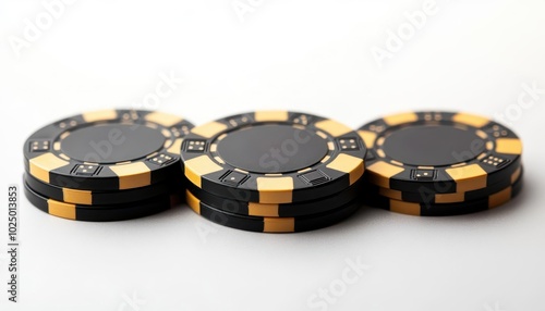 Three black poker chips with gold trim and a spade symbol. photo